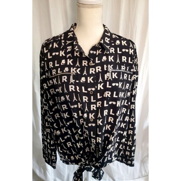 Karl Lagerfeld Paris Black&White Button Up Logo Shirt Large Monochrome Tie Front - Picture 2 of 16
